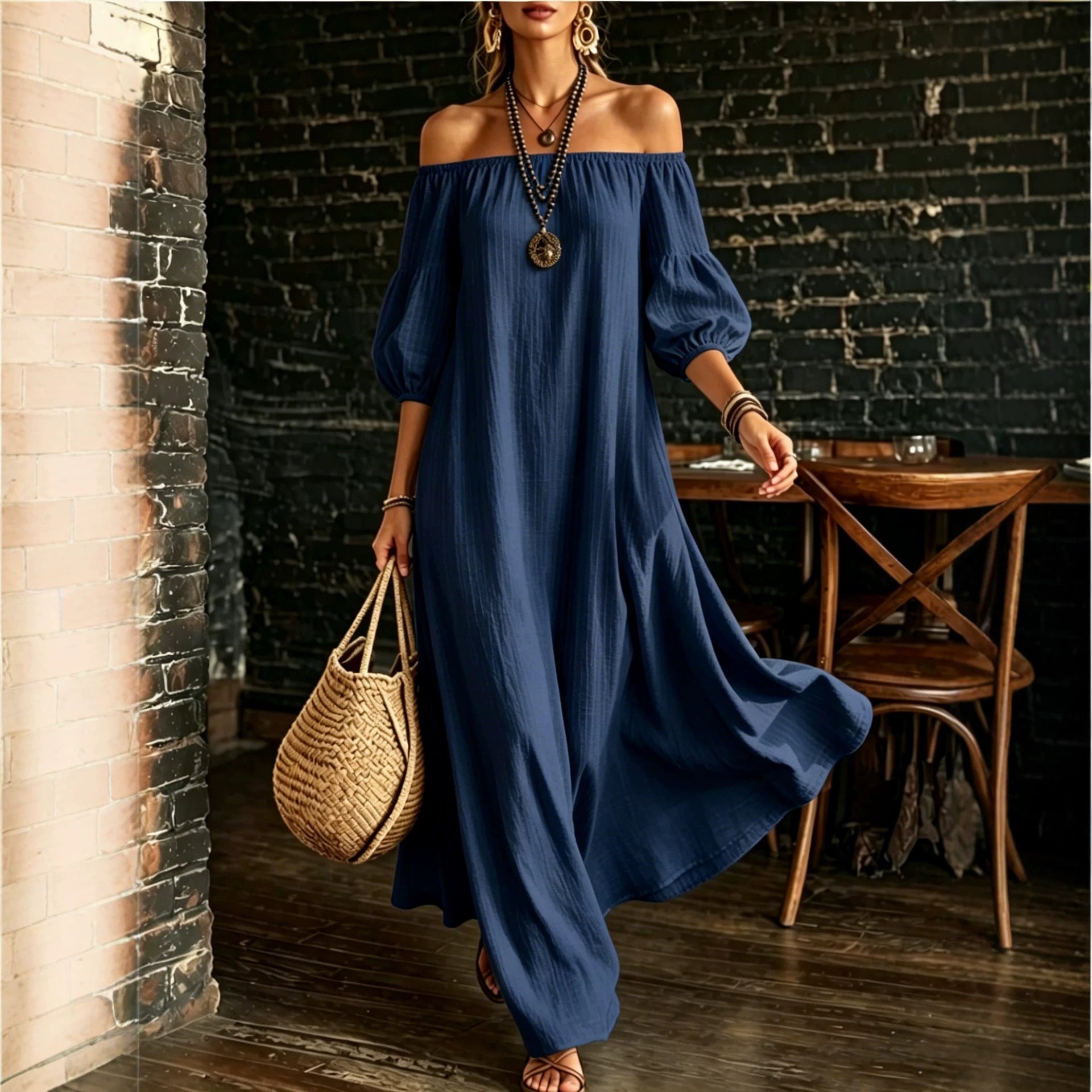White Off‑Shoulder Balloon Sleeve Flowy Maxi Dress