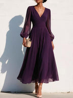 Pleated Chiffon Midi Dress with Balloon Sleeves