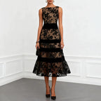 Nude Mesh Black Floral Lace Velvet Strip Sleeveless Midi Dress