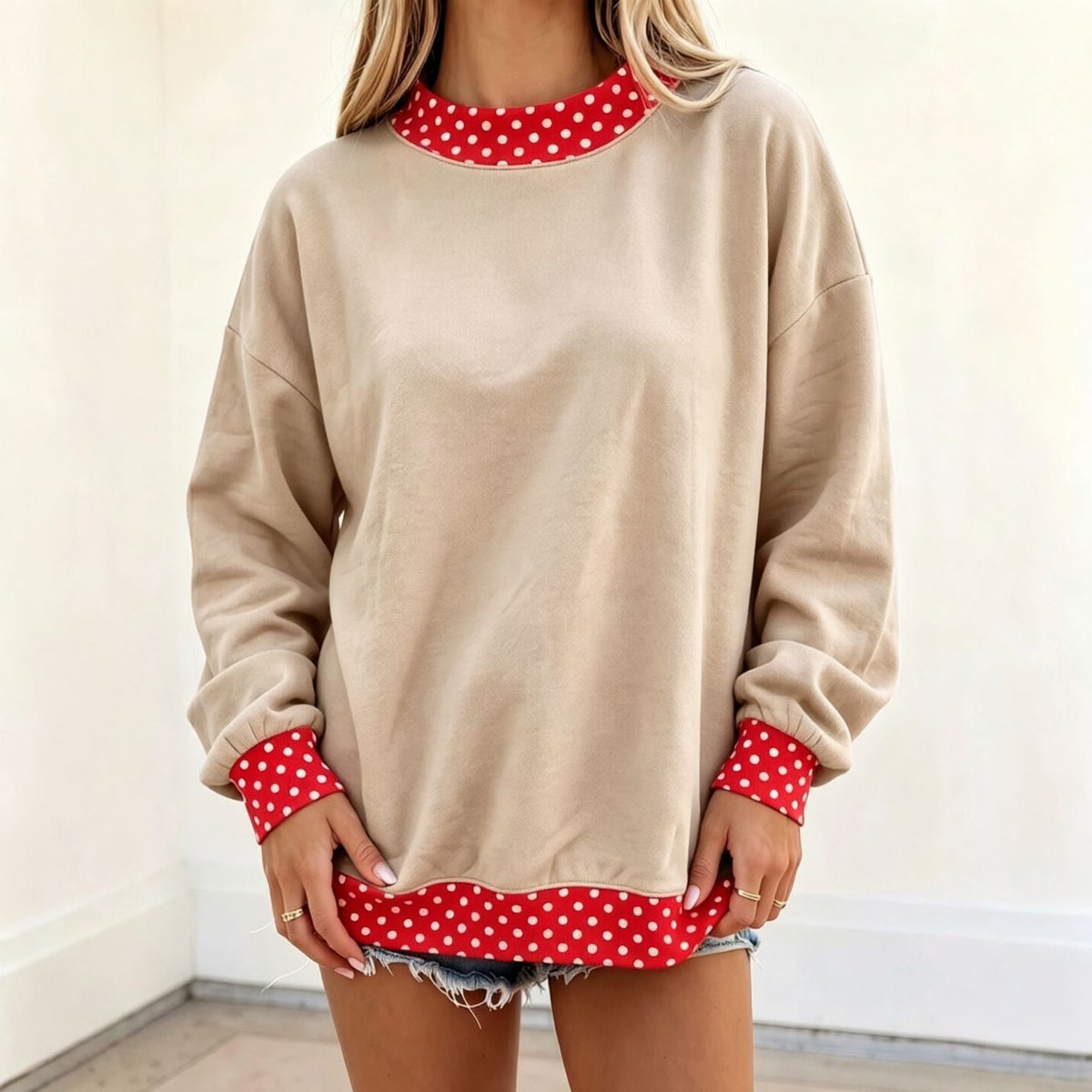 Oversized Sweatshirt with Polka Dot Trim