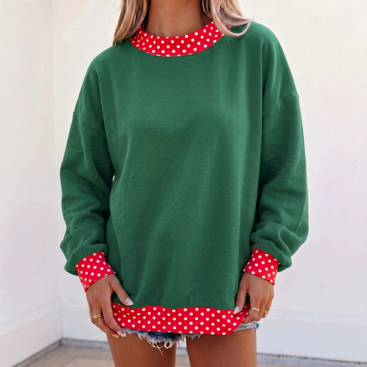 Oversized Sweatshirt with Polka Dot Trim