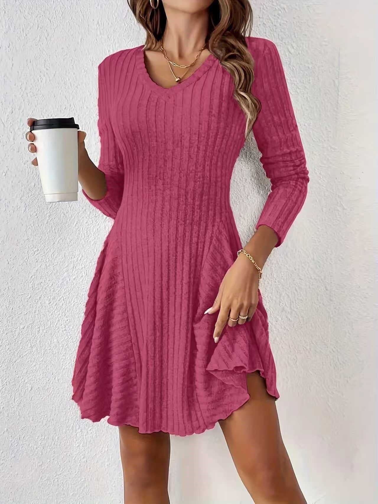 Ribbed Knit V‑Neck Long‑Sleeve Flared Mini Dress