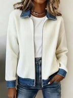 Ribbed Knit Zip Jacket with Denim Trim