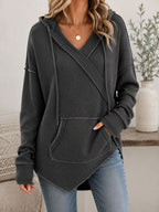 Women's Waffle Knit Surplice V Neck Long Sleeve Hooded Top with Pocket