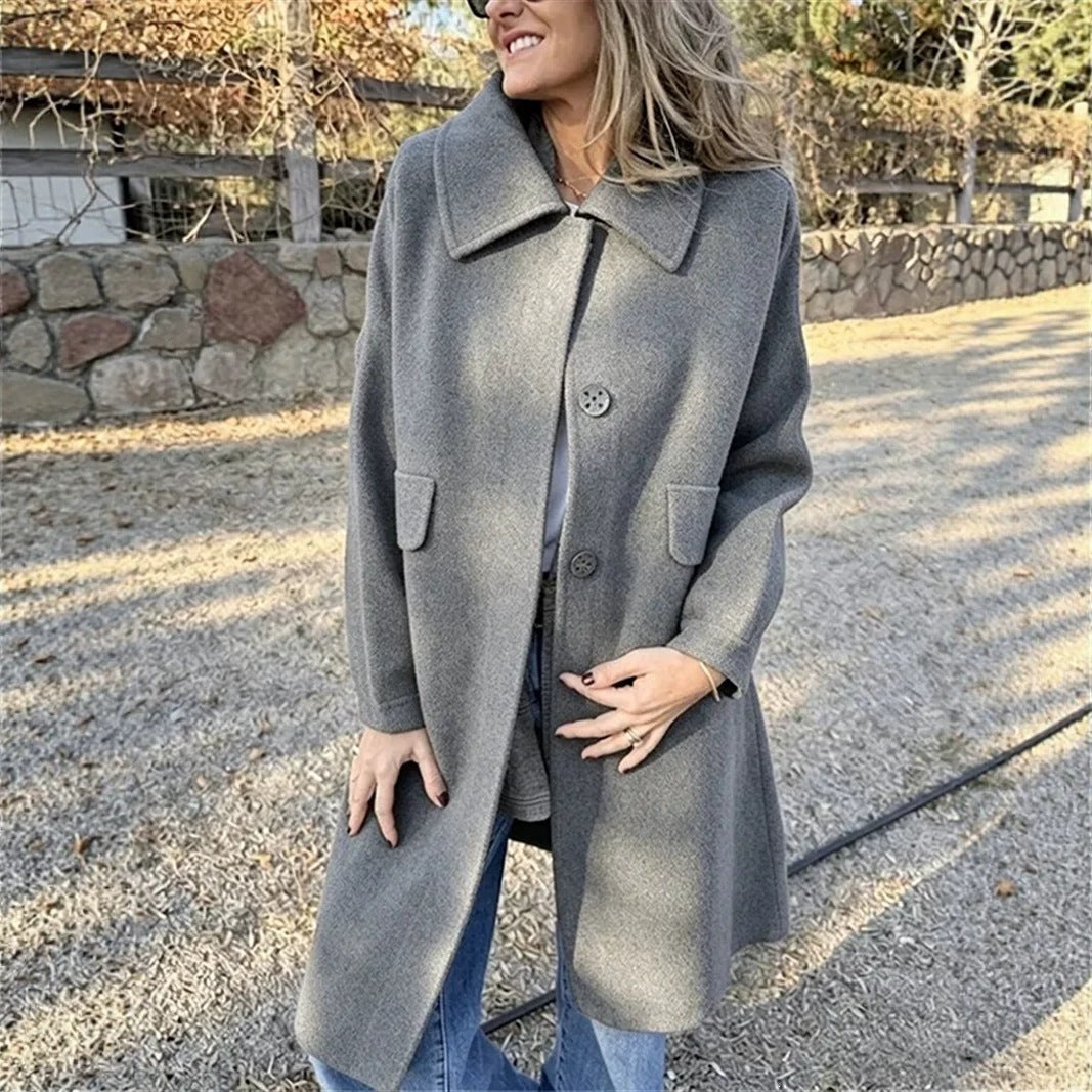 Casual Loose Single Breasted Wool Blend Midi Coat with Pockets