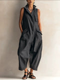 Sleeveless Linen Utility Jumpsuit Loose Cropped Wide Leg Cargo Jumpsuit