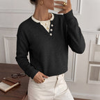 Henley Button Notch Neck Drop‑Shoulder Long Sleeve Knit Sweater