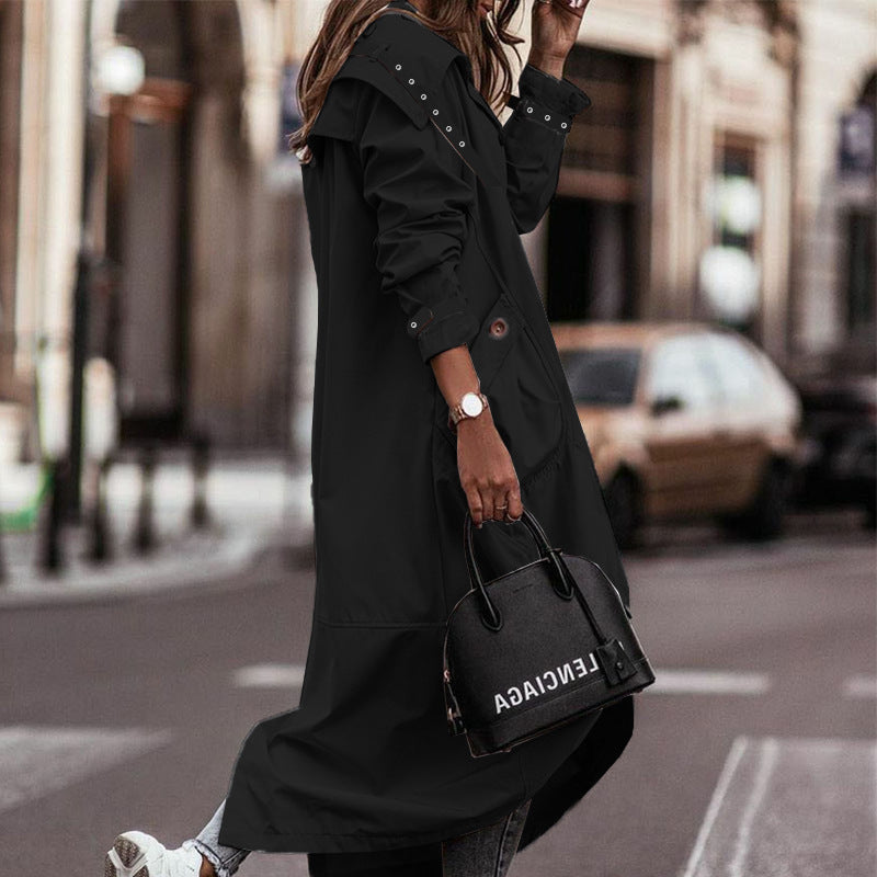 Oversized Hooded Long Trench Coat, Button Front Loose Fit Outerwear With Large Pockets And Adjustable Cuffs For Casual Daily Wear