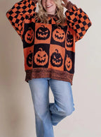 Women's Halloween Ghost & Pumpkin Checkerboard Print Oversized Long Sleeve Knit Sweater