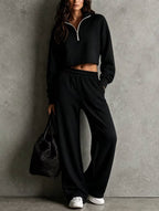 Half?Zip Cropped Sweatshirt & Wide?Leg Sweatpants Two?Piece Set