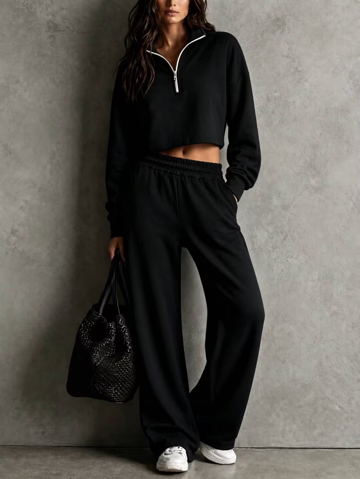 Half?Zip Cropped Sweatshirt & Wide?Leg Sweatpants Two?Piece Set