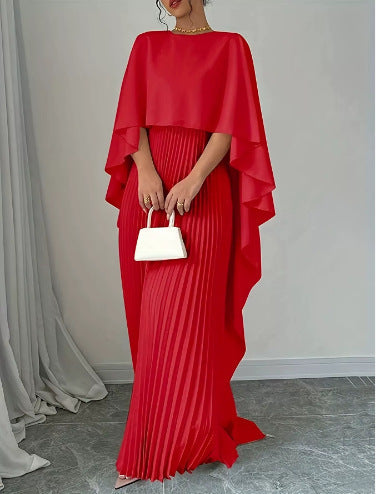 Cape Overlay Pleated Maxi Dress
