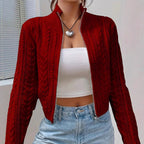 Stand Collar Full Zip Cable Knit Cropped Long Sleeve Knitted Cardigan Jacket
