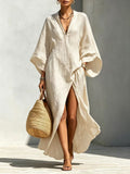 Linen?Blend V?Neck Kaftan Maxi Dress