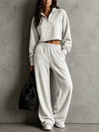 Half?Zip Cropped Sweatshirt & Wide?Leg Sweatpants Two?Piece Set