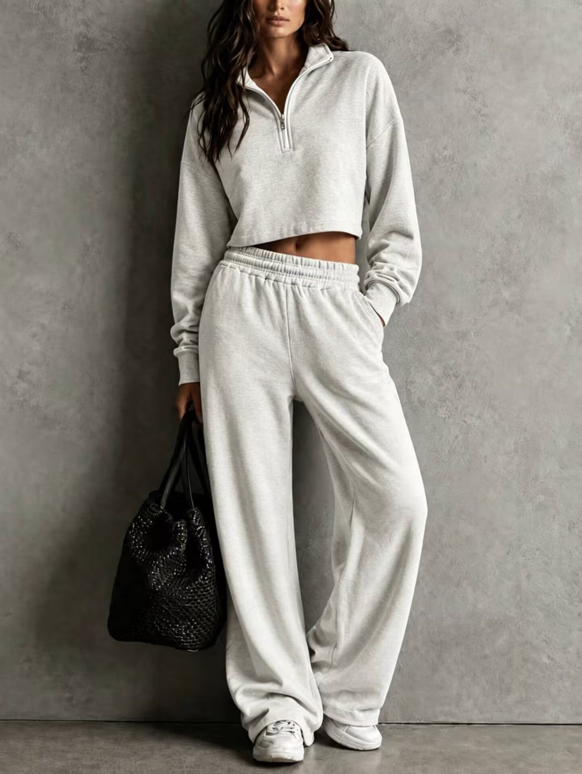 Half?Zip Cropped Sweatshirt & Wide?Leg Sweatpants Two?Piece Set