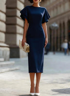 Round Neck Double?Layer Ruffle Flutter Sleeve Bodycon Midi Dress