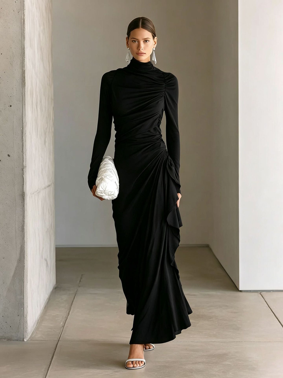 Turtleneck Ruched Side?Ruffle Long?Sleeve Maxi Dress - black / S