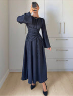 Pinstripe Ruched Waist Bell Sleeve Midi Dress