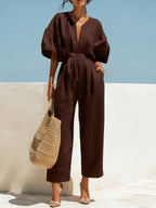 Women's Casual Linen Jumpsuit with Lantern Sleeves