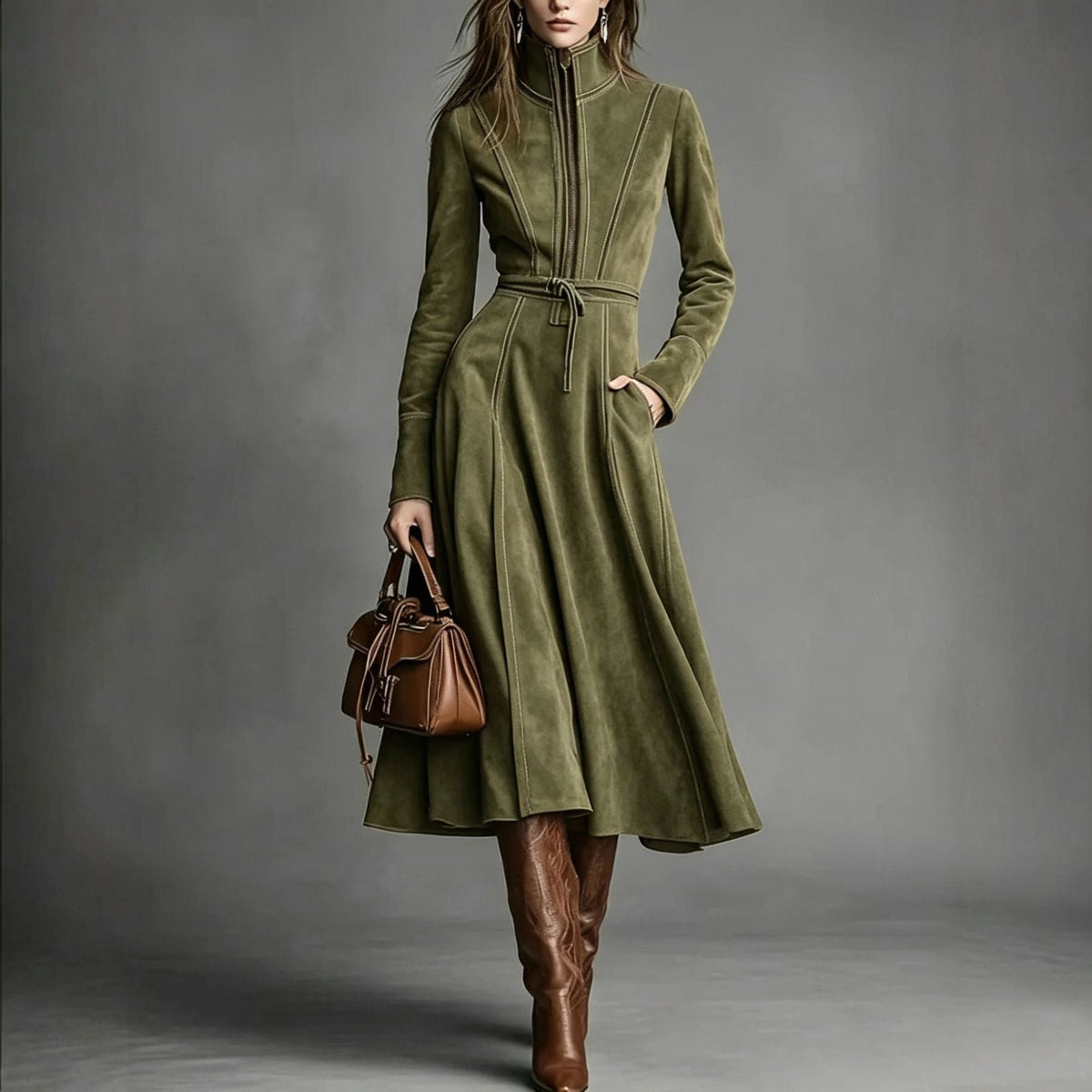 Women's Solid Brown Suede Zip?Front Belted Long?Sleeve Midi Dress