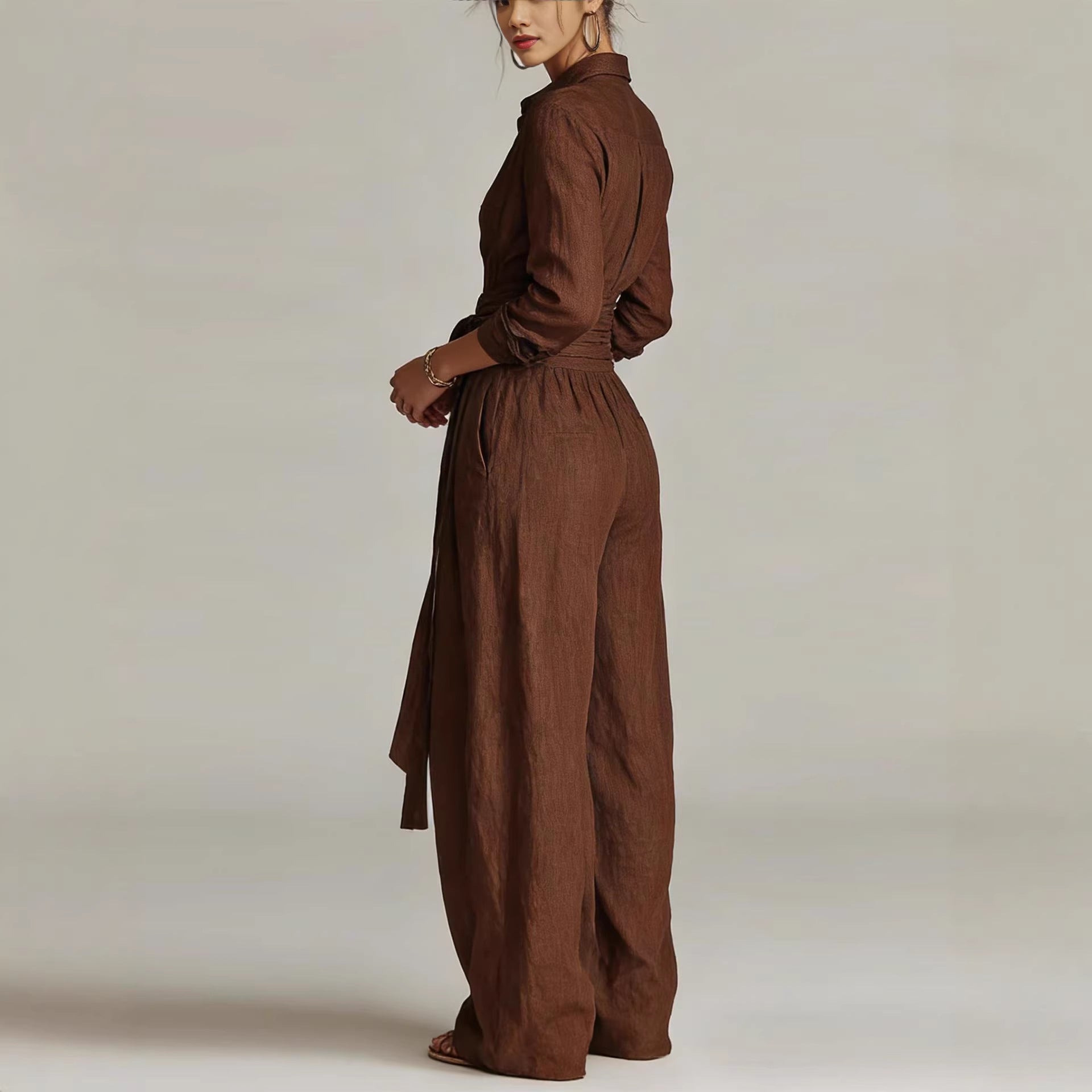 Women's Shirt‑Style Self‑Tie Belt Wide‑Leg Jumpsuit