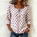 Cream Base Polka Dot Square Neck Tie Front 3/4 Sleeve Blouse