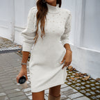 Turtleneck Pearl?Embellished Puff?Sleeve Knit Mini Dress