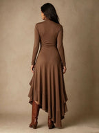 Mock Neck Wrap Dress with Asymmetric Ruffle Hem