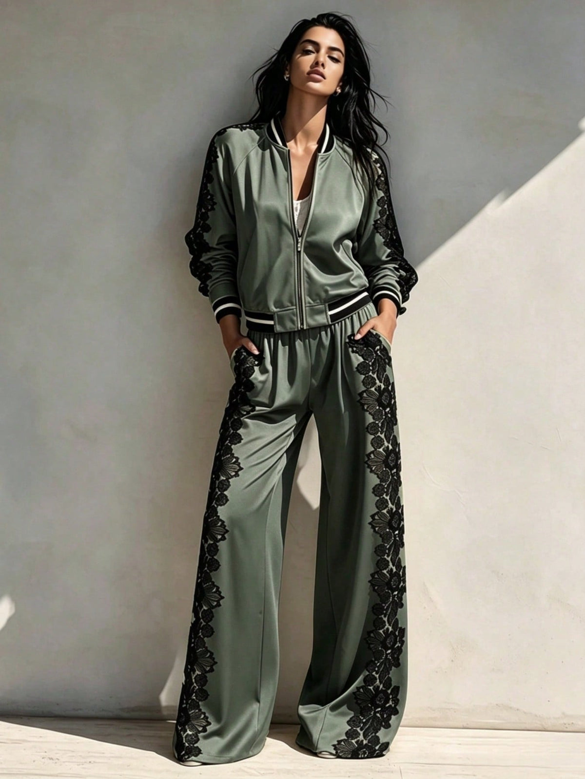 Bomber Jacket & Wide?Leg Pants Two?Piece Set with Black Lace Trim