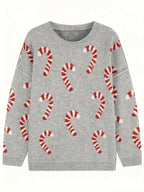 Women's Plus Size Crew Neck Candy Cane Print Long Sleeve Christmas Knit Sweater