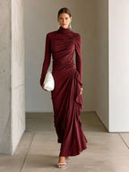Turtleneck Ruched Side?Ruffle Long?Sleeve Maxi Dress - burgundy / S