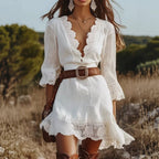 Scalloped Lace V Neck 3/4 Flare Sleeve Mini Dress