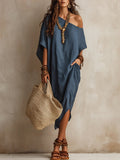 Slanted Shoulder Cotton And Linen Dress Women'S Loose Bat Sleeves Mid-Length Slit Holiday Dress