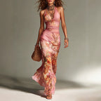 Boho Floral Halter Mesh Maxi Dress