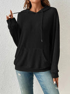 Ribbed Knit Drawstring Hoodie with Kangaroo Pocket