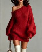 Off Shoulder Slant Neck Lantern Long Sleeve Knit Sweater Mini Dress