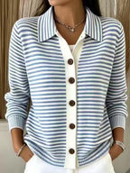 Women's Green?White Stripe Collared Button Front Knit Cardigan
