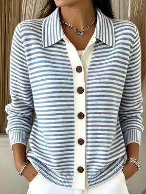 Women's Green?White Stripe Collared Button Front Knit Cardigan