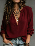 Women's Solid Waffle Knit Notch V Neck Long Sleeve Loose Casual Blouse Top