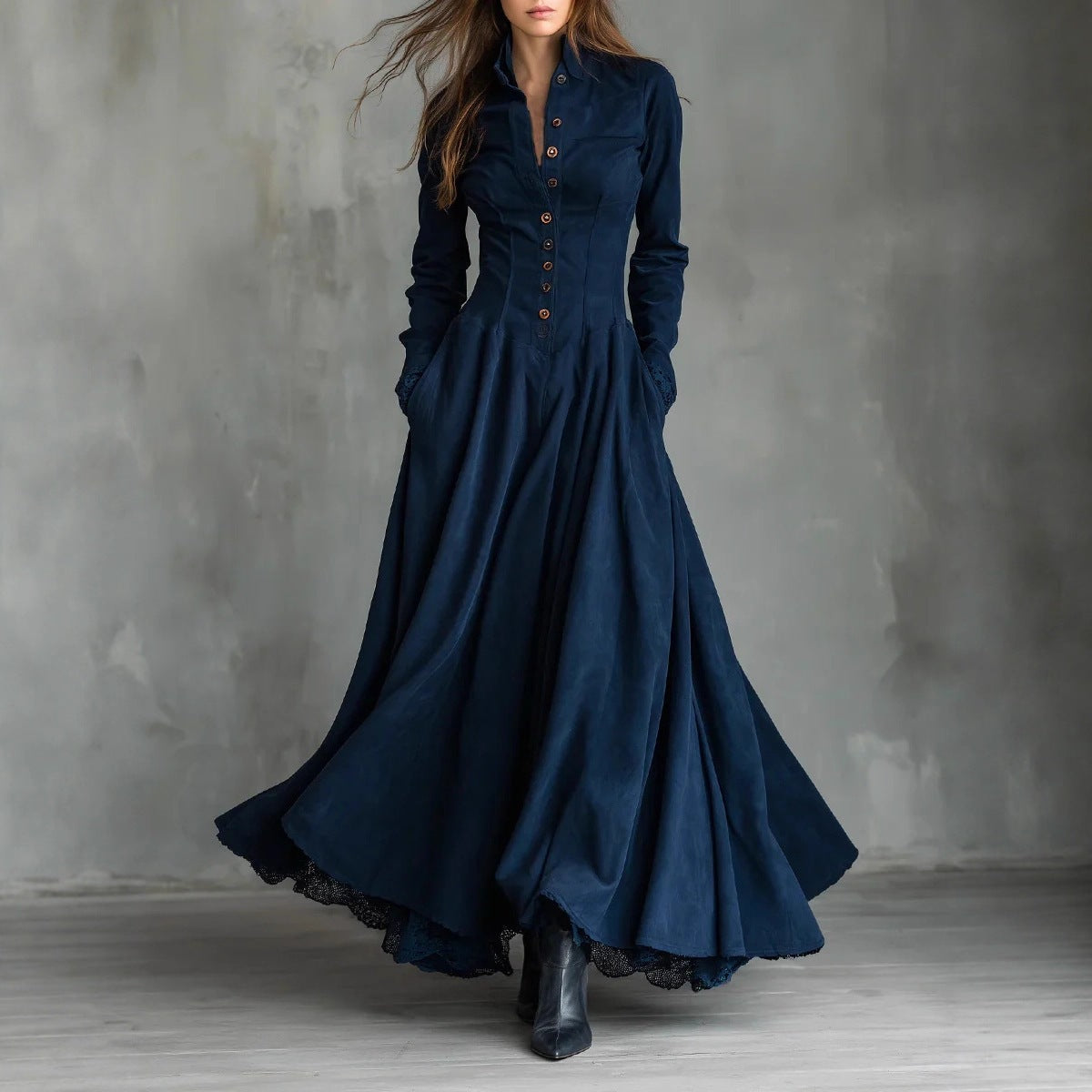 Women's Vintage Stand‑Collar Button‑Front Maxi Dress