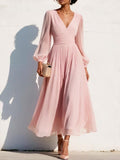 Pleated Chiffon Midi Dress with Balloon Sleeves