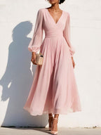 Pleated Chiffon Midi Dress with Balloon Sleeves