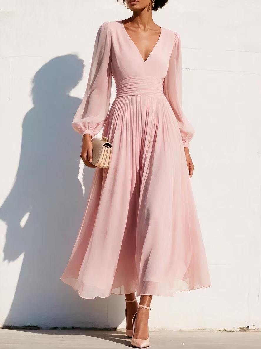 Pleated Chiffon Midi Dress with Balloon Sleeves