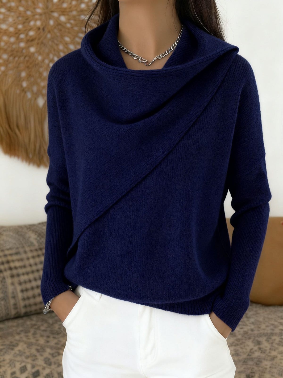 Draped Cowl Neck Long Sleeve Knit Sweater Top