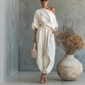Women One Shoulder Linen Two Piece Outfit, Oversized Roll Sleeve Top
