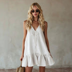 Mustard Tie Front Spaghetti Strap Linen Mini Dress