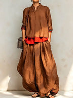 Women's Linen Two Piece Set Stand Collar Long Sleeve Top & Wide Leg Maxi Pants