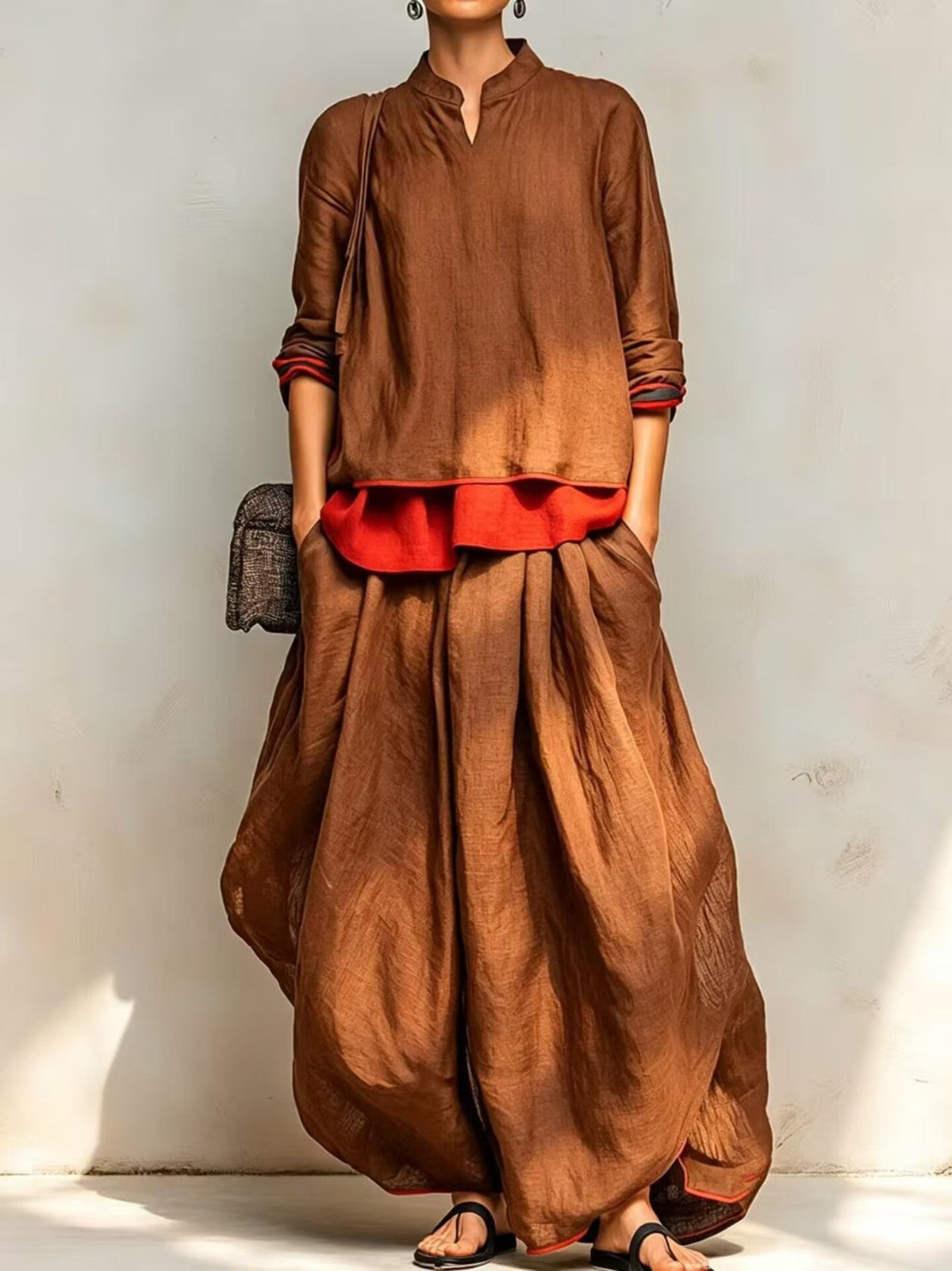 Women's Linen Two Piece Set Stand Collar Long Sleeve Top & Wide Leg Maxi Pants