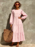 Women's Solid Emerald Green Ruffle Shoulder Tiered Long?Sleeve Maxi Dress
